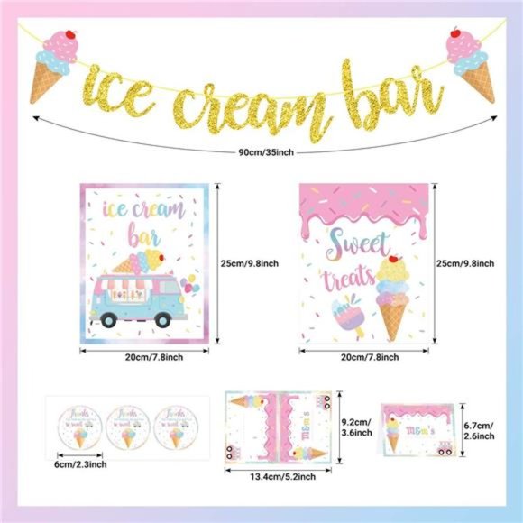 Ice Cream Bar Decor Kit, Summer Ice Cream Sundae Bar Glitter Banner Ice Cream - Picture 3 of 6